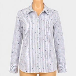 Talbots White Blue Stripe Confetti Dot Button Front Shirt Women's Large Cotton